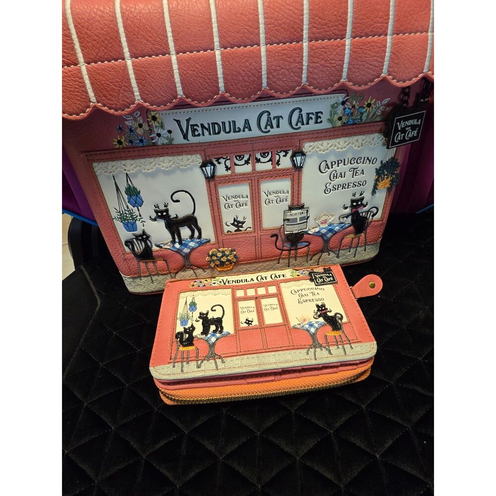 Vendula London Cat Cafe Grab Bag Matching Wallet - Retired (Damaged Handles) - Picture 5 of 10